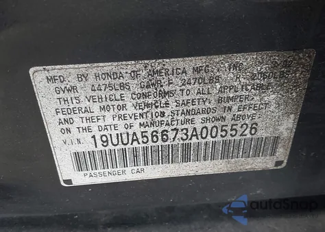 2003 Acura 3.2Tl z USA, uszkodzony, nr VIN 19UUA56673A005526